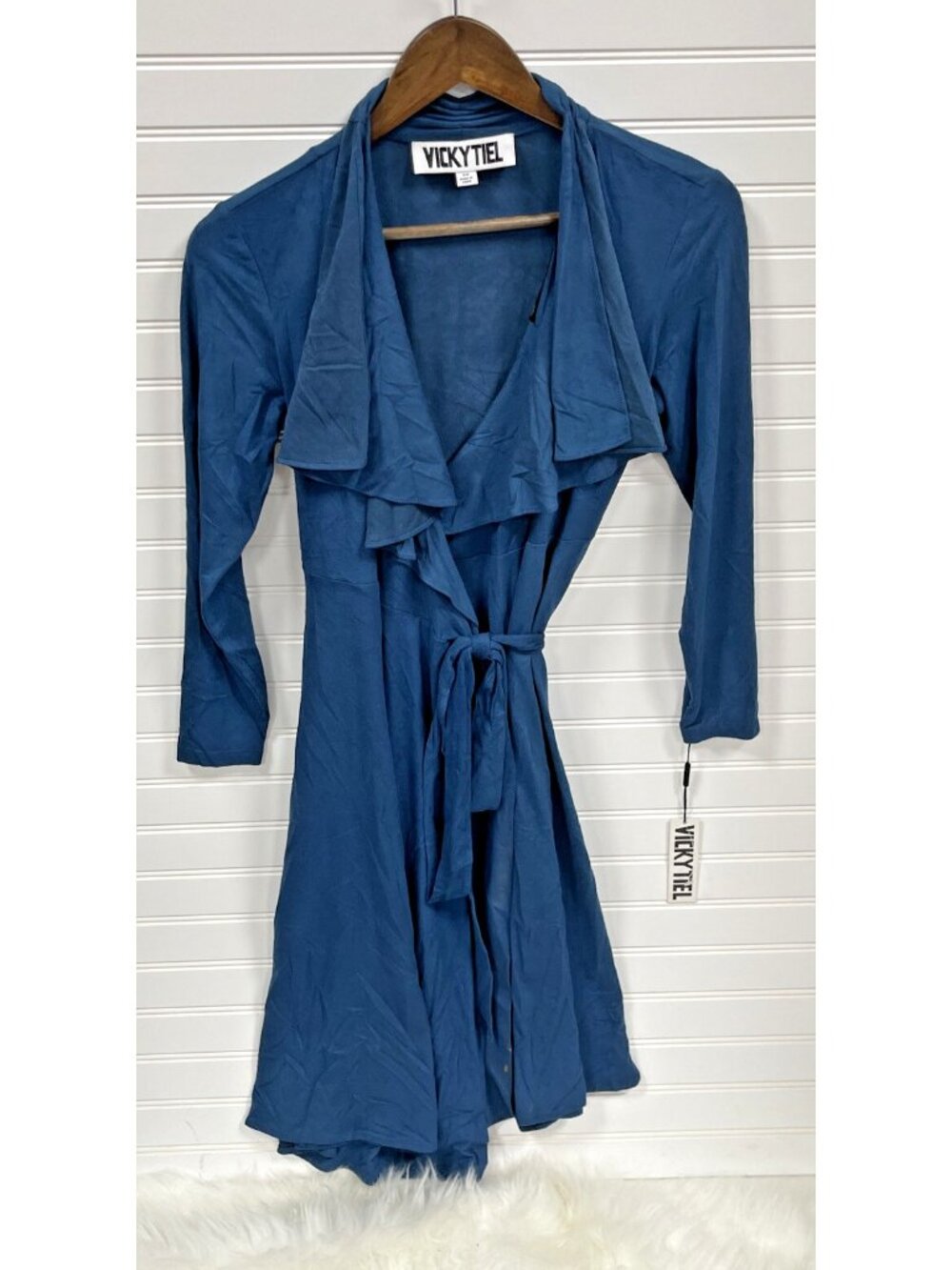 NWT Vicky Tiel Womens Ruffle Blue Wrap Tie Dress Suede Knit Long Sleeve Size XS